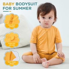HAHASHOW Bamboo Romper for Newborns, Summer Baby Costume with 2-Way Zip, Short Sleeves Pyjamas, Baby Jump, yellow