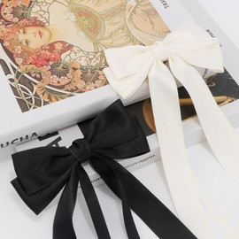 Tihebax 2pcs Hair Bows for Women Silky Satin Coquette Bows Long Hair Ribbons for Women Lazos Coquette Moños Coquette Lazos Para el Cabello de Mujer Black and Beige