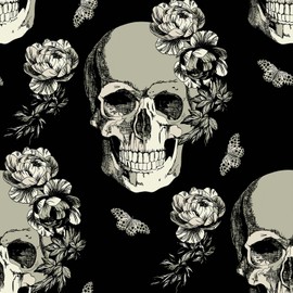 VaryFloral Black Gothic Skull Wallpaper Peel and Stick Vintage Dark Floral Butterfly Wallpaper Sugar Skull Flower Contact Paper Home Decorative 12"x118" Removable Wall Paper for Bedroom Basement Door