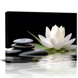 GLOKAKA Zen Wall Art,White Lotus Bloom in Water with Spa Stone,Black and White Bathroom Canvas Wall Art,Zen Spiritual Decor for Yoga Meditation Room Living Room,Office