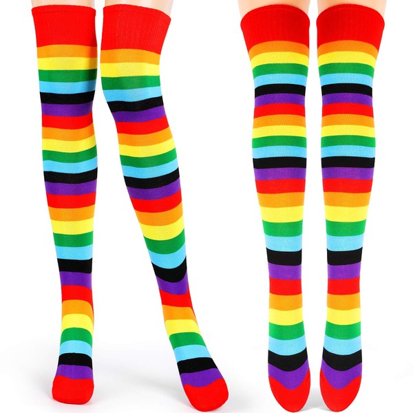 2 Pairs Women Long Striped Socks Over Knee High Opaque Stockings for Mardi Gras St Patrick's Day Irish Christmas (Purple Green and Yellow Stripe)