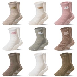 WEVIAS Baby Socks Toddler Grip Non Slip Cotton Crew Infant Boys Girls Anti Skid Socks 9 Pairs (Bear/Elephant/Alpaca, 3-5 Years)