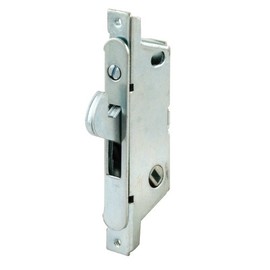 PRIME-LINE E 2121 Mortise Lock - Adjustable, Spring-Loaded Hook Latch Projection for Sliding Patio Doors Constructed of Wood, Aluminum and Vinyl, 3-11/16”, 45 Degree Keyway, Round Face , Zinc