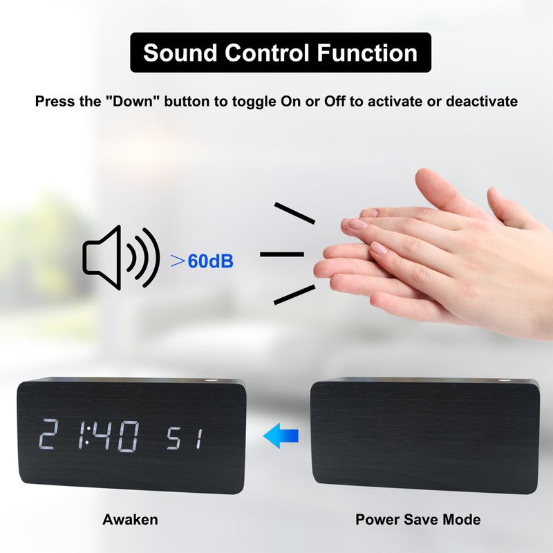 Wooden Digital Alarm Clock 8 Levels Adjustable Brightness Digital Clock