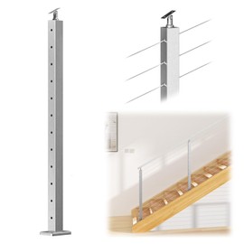 Muzata Stair Cable Railing Post 42 Inch for 25-35 Degrees Stair 42"x2"x2" Surface Mount Brushed T304 Stainless Steel Cable Railing System Kit Indoor Outdoor with Paper User Guide PS01 LA4L