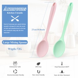 Armrouns Silicone Mixing Spoons 2-Pack, 10.8" Large High Heat Resistant Nonstick Cooking spoon for Stirring, Mixing and Serving, Green & Pink Rubber Spoon.
