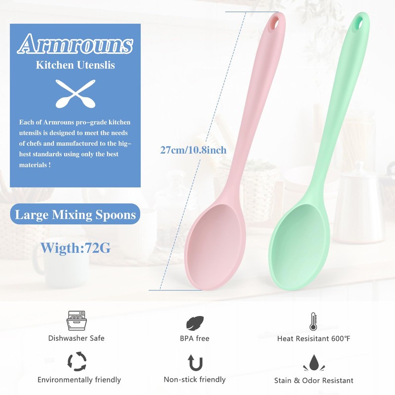 Armrouns Silicone Mixing Spoons 2-Pack, 10.8" Large High Heat Resistant