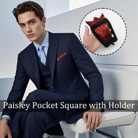 Gsyziux Paisley Pocket Squares for Men, Elegant Mens Handkerchiefs with Suit Pocket Square Holder for Business Banquet Party (Red)