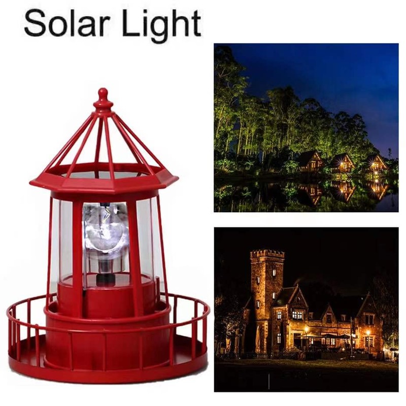 LED Solar Powered Lighthouse, 360 Degree Rotating Lamp Courtyard Decoration