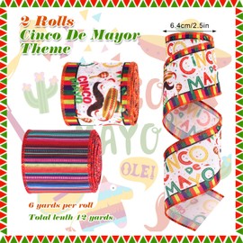 WGOCAUK 2 Rolls 12 Yards Cinco De Mayo Wired Edge Ribbons, 2.5inch Mexican Fiesta Burlap Ribbon, Colorful Stripe Serape Gift Ribbon for Mexican Party DIY Craft Wreaths Bow Decoration