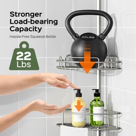HAMITOR Shower Caddy Tension Pole: 4-Tier Rustproof Bathroom Corner Shelf Organizer for Renter - No Drill Large Shampoo Storage Rack - Adjustable 47-121" - Space Saving Bathtub Accessory - Silver Gray