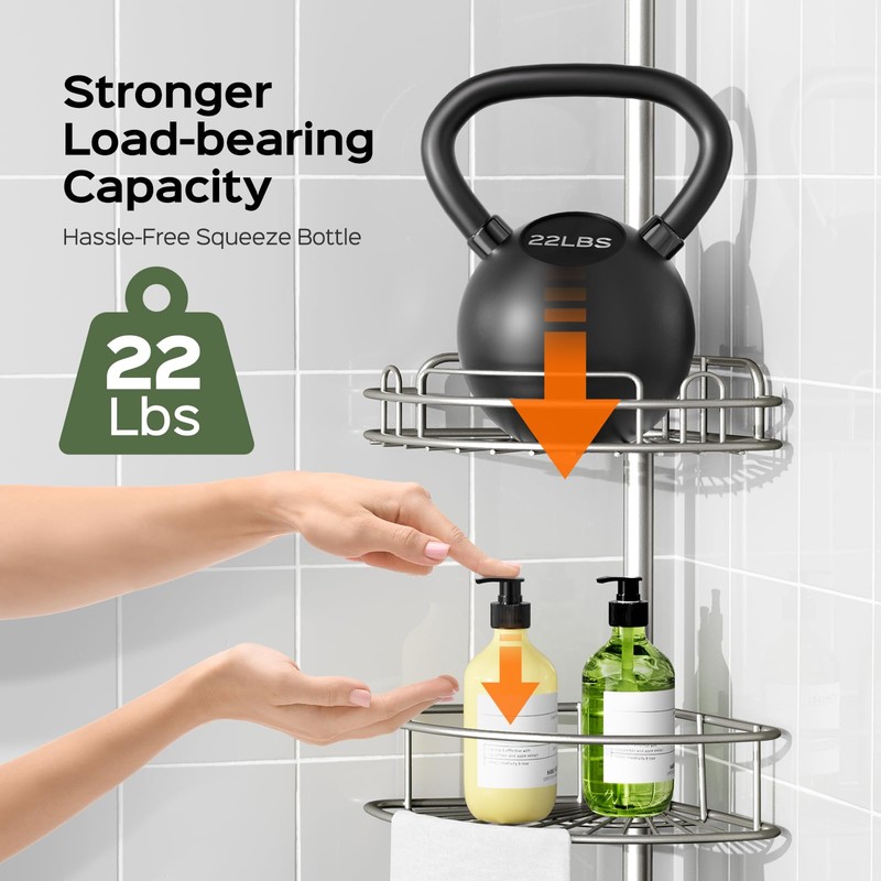 HAMITOR Shower Caddy Tension Pole: 4-Tier Rustproof Bathroom Corner Shelf