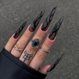 MISUD Press on Nails Long Stiletto Fake Nails Matte Glue on Nails Goth Black Acrylic Nails Almond Artificial Nails Gothic Swirl Stick on Vampire False Nails with Design 24pcs