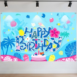 SAVITA Hawaiian Luau Happy Birthday Backdrop, 70.9x47.2in Cartoon Theme Tropical Photo Banner Decorations Backdrop for Baby Shower Beach Theme Party Decoration