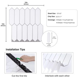 CRE8TIVE 16 Sheets White Long Hexagon Tile Peel and Stick Backsplash for Kitchen Stick on Backsplash 12"x12" Self Adhesive Backsplash White Wall Tiles for Living Room Fireplace Shower Tile Waterproof
