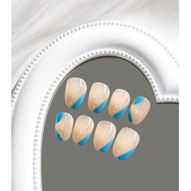 Press on Nails Medium Round SWEKKE French Fake Nails Blue Full Cover False Nails with White Line Designs Glossy Stick on Nails Nail Accessories Artificial Acrylic Nails for Women Girls 24 Pcs