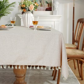 Eternal Beauty Rectangle TableCloth Cotton Faux Linen Table Cloth Wipe Clean Table Cover Tassel for Home Dining Party Restaurant Decoration (140x180cm,Beige)