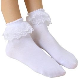 SRYL Lace Ruffle Socks for Women - Lace Frilly Ankle Socks (White-1 Pairs_Double Lace)