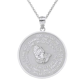 Claddagh Gold - 925 Sterling Silver Serenity Prayer with Praying Hands and Lord's Prayer Medal Pendant Necklace (1.18"), 22"