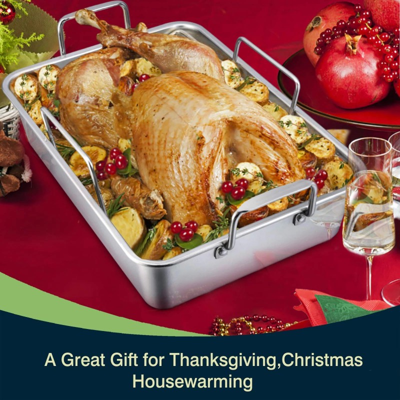 P&P CHEF Stainless Steel Roasting Pan with Rack Set Cooking
