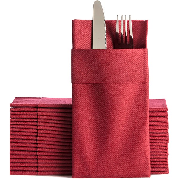 Burgundy Dinner Napkins Cloth Like with Built-in Flatware Pocket, Linen-Feel Disposable Paper Hand Napkins for Kitchen, Bathroom, Parties, Weddings, Dinners or Events, 16x16 inches, Pack of 50