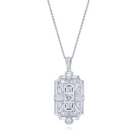 BERRICLE Sterling Silver Art Deco Cubic Zirconia CZ Milgrain Pendant Necklace for Women, Rhodium Plated