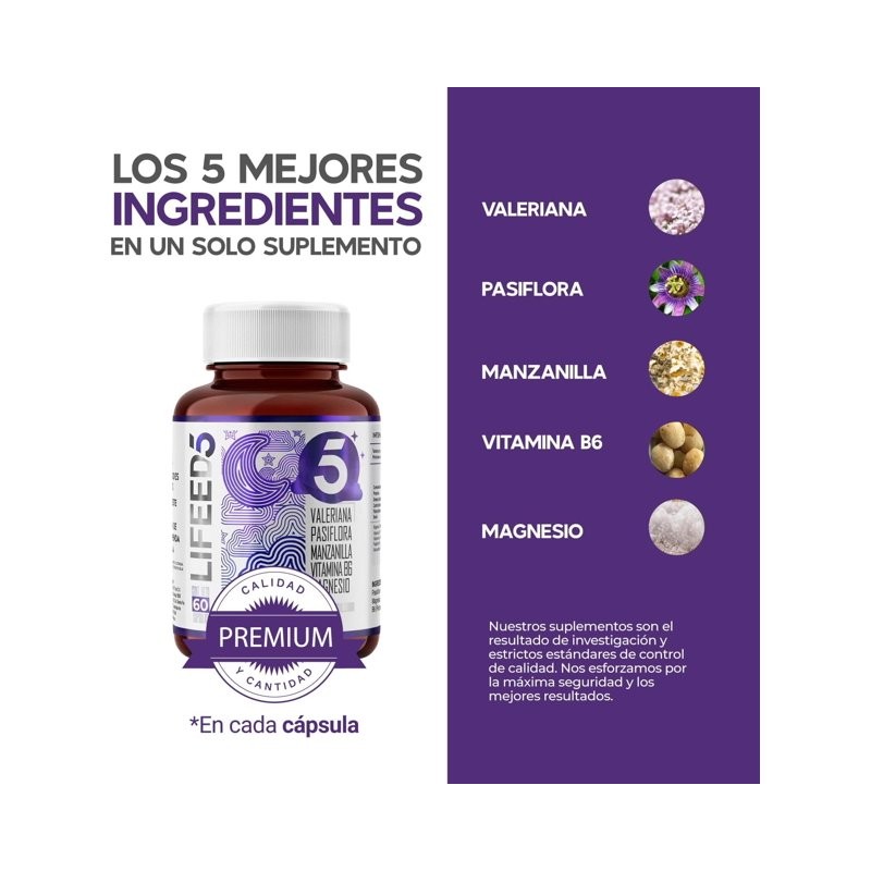 Multivitaminico LIFEED5 para 60 días Valeriana Pasiflora Magnesio Manzanilla Vitamina