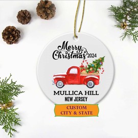 New Home Ornaments 2024 with Custom Name City State Mullica Hill New Jersey Ornament - Red Truck with Christmas Tree, Keepsake Present for Family Ornament 3" Flat Plastic