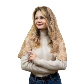 Maria Catholic Mantilla Mass Veil - Church Lace Spanish Chapel Head Covering (Gold)