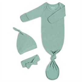 Knotted Gown Baby Newborn Coming Home Outfit Boy Girl, Soft Modal Infant Sleeper 0-3 Months, Announcement Clothes Nightgown for New Babies with Mittens, Bow and Hat Set Grey Green