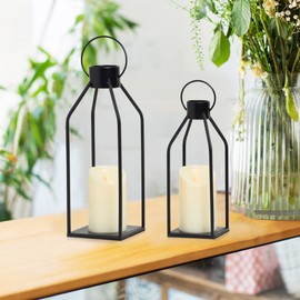 HPC Decor Modern Farmhouse Lanterrn Decor- Black Metal Candle for Summer Night- Lanterns w/Timer Flickering Candles for Living Room,Home,Indoor, Outdoor,Table,Fireplace Mantle Décor