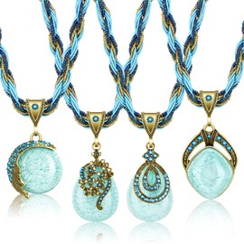 MTLEE Turquoise Necklace 4 Pieces Bohemian Necklaces for Women Gifts Christmas Vintage Turquoise Jewelry Chunky Jewelry for Women Necklaces Set Retro Pendant Rhinestone Collar