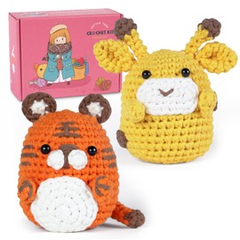 Crochet Kit for Beginners, 2 Pattern Animals-Tiger, Giraffe, Knitting Kit for Kids Adults with Step-by-Step Video Tutorials and Yarns, Hook, Accessories