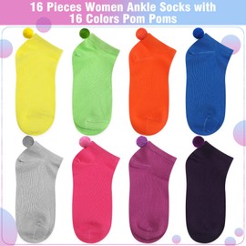 SATINIOR 16 Pairs Women Pom Pom Socks with Balls on The Back Ankle Lowcut Seamless Socks Seamless for Men Women(Multicolored)