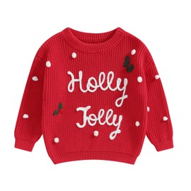 Baby Christmas Sweater Boy Girl Chunky Knit Long Sleeve Crewneck Embroidery Sweatshirt Toddler Pullover Tops (Holly Jolly Red, 0-3 Months)