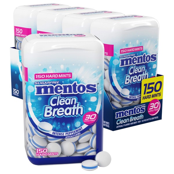 Mentos Clean Breath Sugarfree Hard Mint, 150pc, Intense Peppermint (Pack of 4 Bottles)