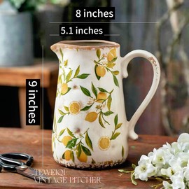 Vintage Lemon Ceramic Vase with Handle, Retro Ice Glazed Crack Farmhouse Pitcher Vase for Home Decor, Living Room, Shelf, Office, Rustic Table Centerpiece 9 Inch