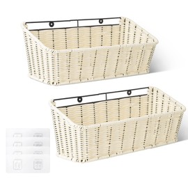GRANNY SAYS Wicker Hanging Basket, 2 Pack Storage Baskets for Organizing, Adhesive Wall Mount Fruit Basket, Kitchen Organization Hanging Shelves, Storage Cabinet Door Organizer, Off White