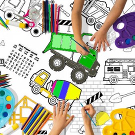 Giant Construction Party Coloring Tablecloth for Kids, 54x108 Inch Construction Theme Table Cover Large Dump Truck Vehicle Painting Poster for Children Birthday Party Supplies