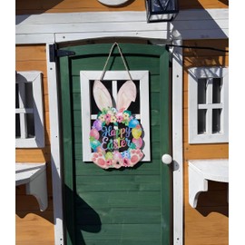 Easter Decoration Wooden Door Wreath for Front Door Sign Cute Bunny Happy Easter Wooden Door Hanger Rabbit Spring Flower Eggs Welcome Hanging Sign for Outdoor Indoor Home Wall Decor