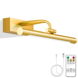 Brass Wall Light Fixture, Battery Operated Picture Light with Remote and Timer, 14in Wireless Gallery Lights Dimmable Rechargeable Art Lights for Paintings Display Lighting