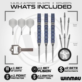 WINMAU Darts – Lunaris 90% Tungsten Darts Set | Fusion Clear Short Shaft | Groove & Smooth Switch Point | Parallel 23 g/25 g, Tapered 22 g/24 g Blue & Silver Barrels | Rapid-Change System