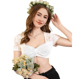 DIRNDLSTERN Women's Lace Dirndl Blouse White Heart Neck Costume Blouse Short Sleeve for Oktoberfest, White, 40
