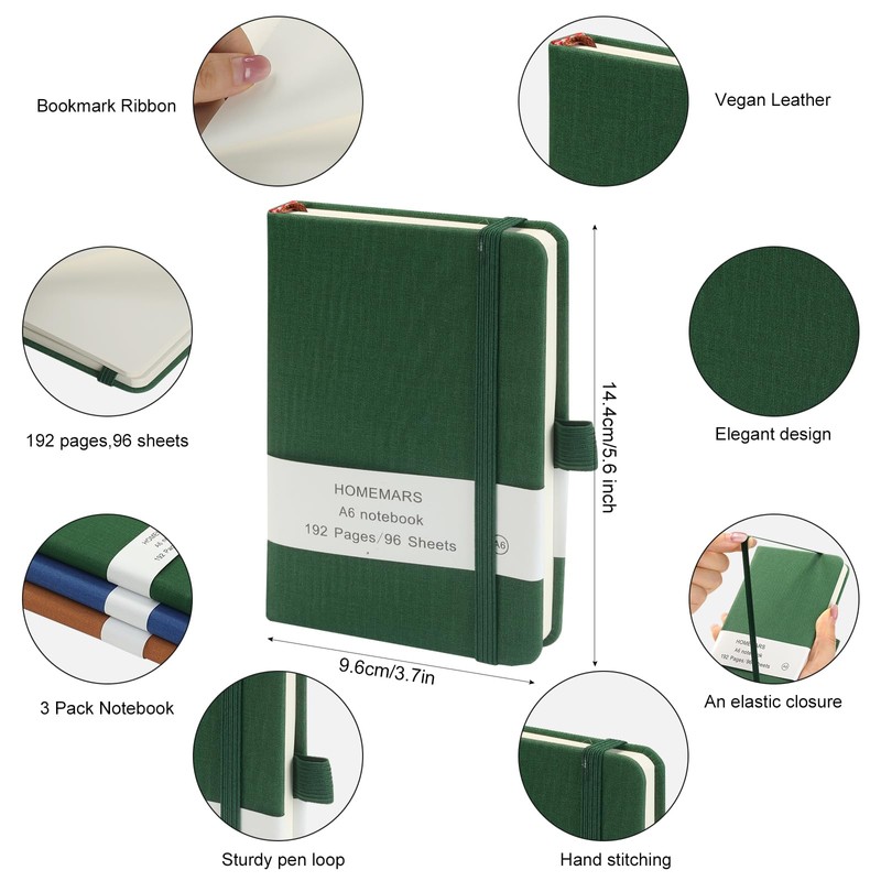 HOMEMARS Notebook A6, pack of 3, notebook A6 blank, 14.4