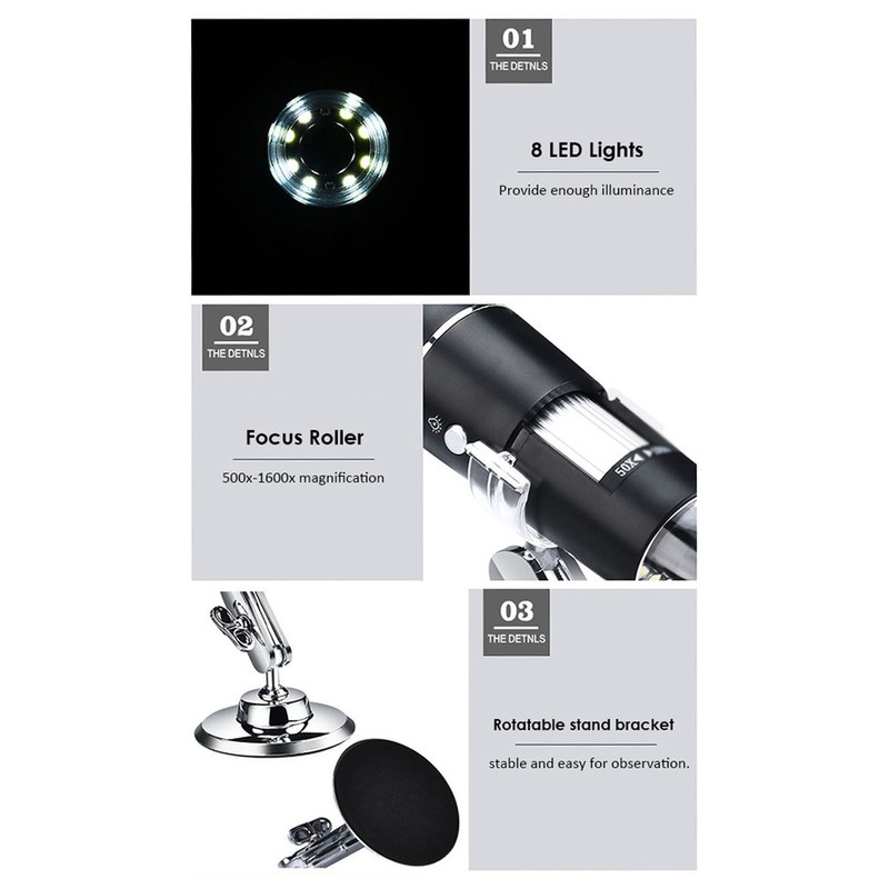USB Digital Microscope 1600X Magnification Camera 8 LEDs with Stand