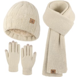 Oatmeal Winter Beanie Hat Scarf Gloves, Warm Fleece Knit Hat Long Scarf Neck Warmer Touch Screen Winter Gloves Set
