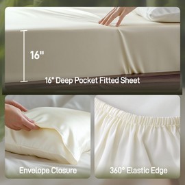 Alkyonos Viscose Derived from Bamboo, Soft Cooling Bedding with Silky Smooth Finish,16" Deep Pocket, Hypoallergenic, Breathable, 4 Pieces Full Luxury Hotel Milky White Bed Sheets, Oeko-Tex Certified