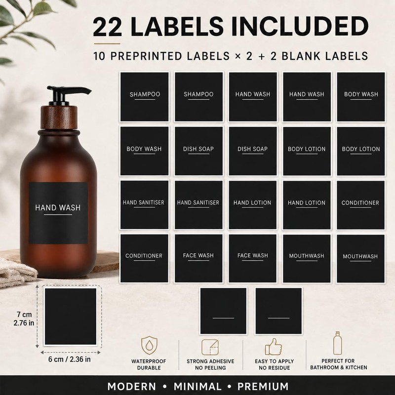 Matte Soap Dispensers with 22 Black Waterproof Labels and Walnut