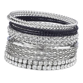 LUX ACCESSORIES Women's Pave Braided Mesh Wire Multi Bangle Set (Silver and Black)