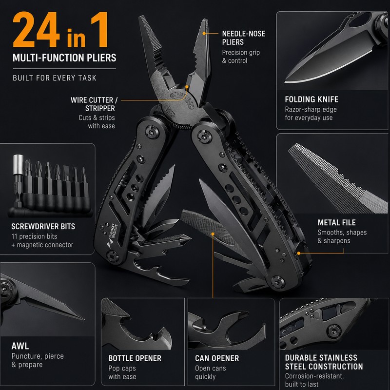 24-in-1 Stainless Steel Multitool for Repairs – Compact Pliers, Wire